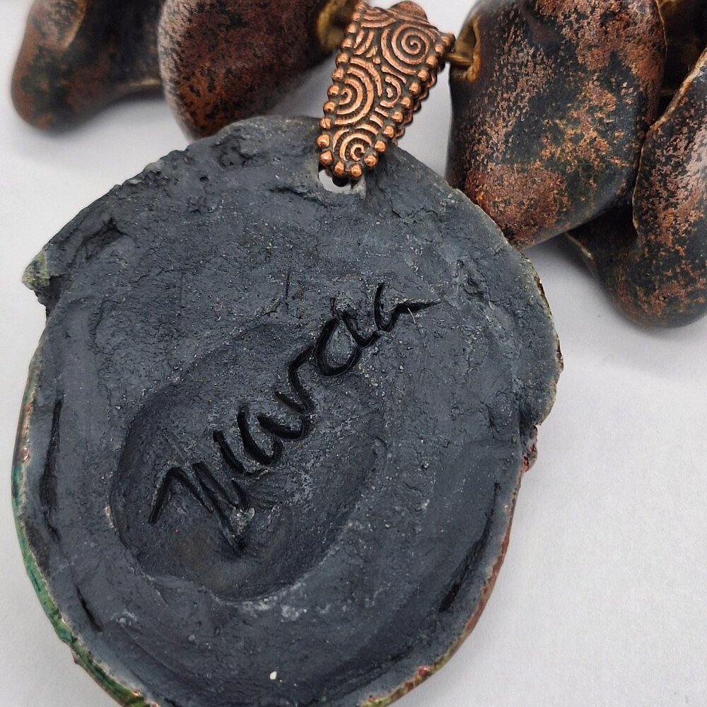 Marcia Merrins Signed Raku Face Bronze Pendant Whimsical Necklace Wearable Art - Picture 11 of 14